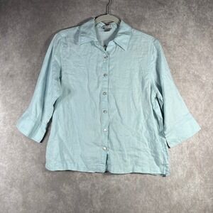 Jillian Jones Linen Button Down Top Womens Medium Light Blue‎ 3/4 Sleeve Coastal